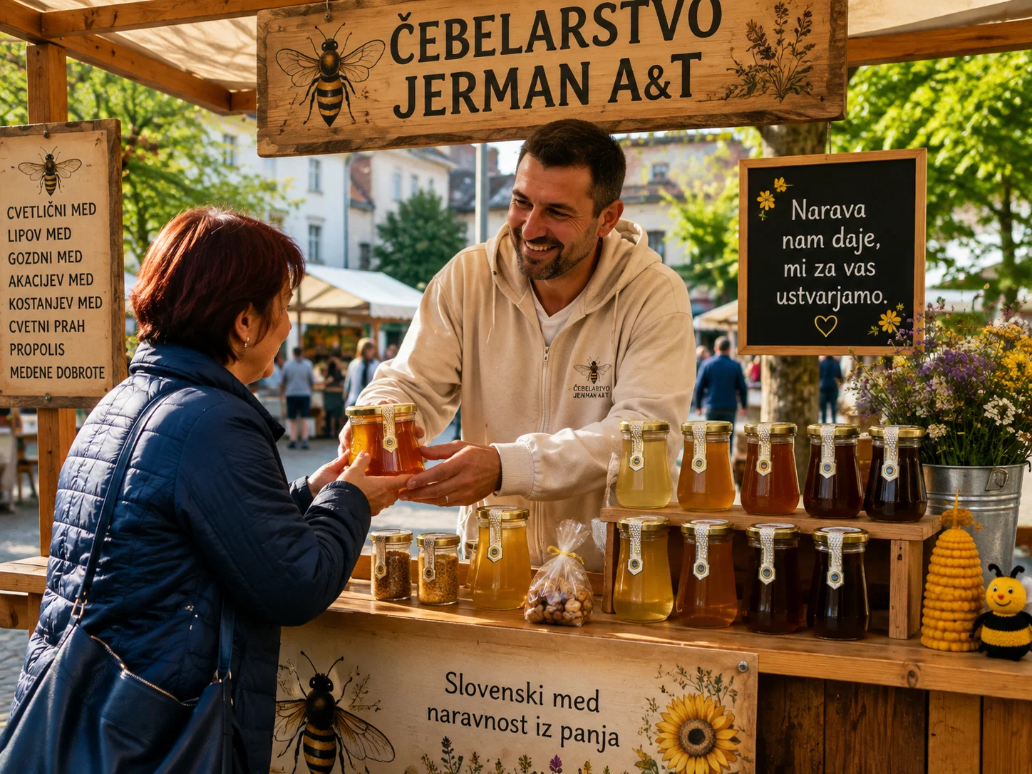 Beekeeper selling honey at a market stall