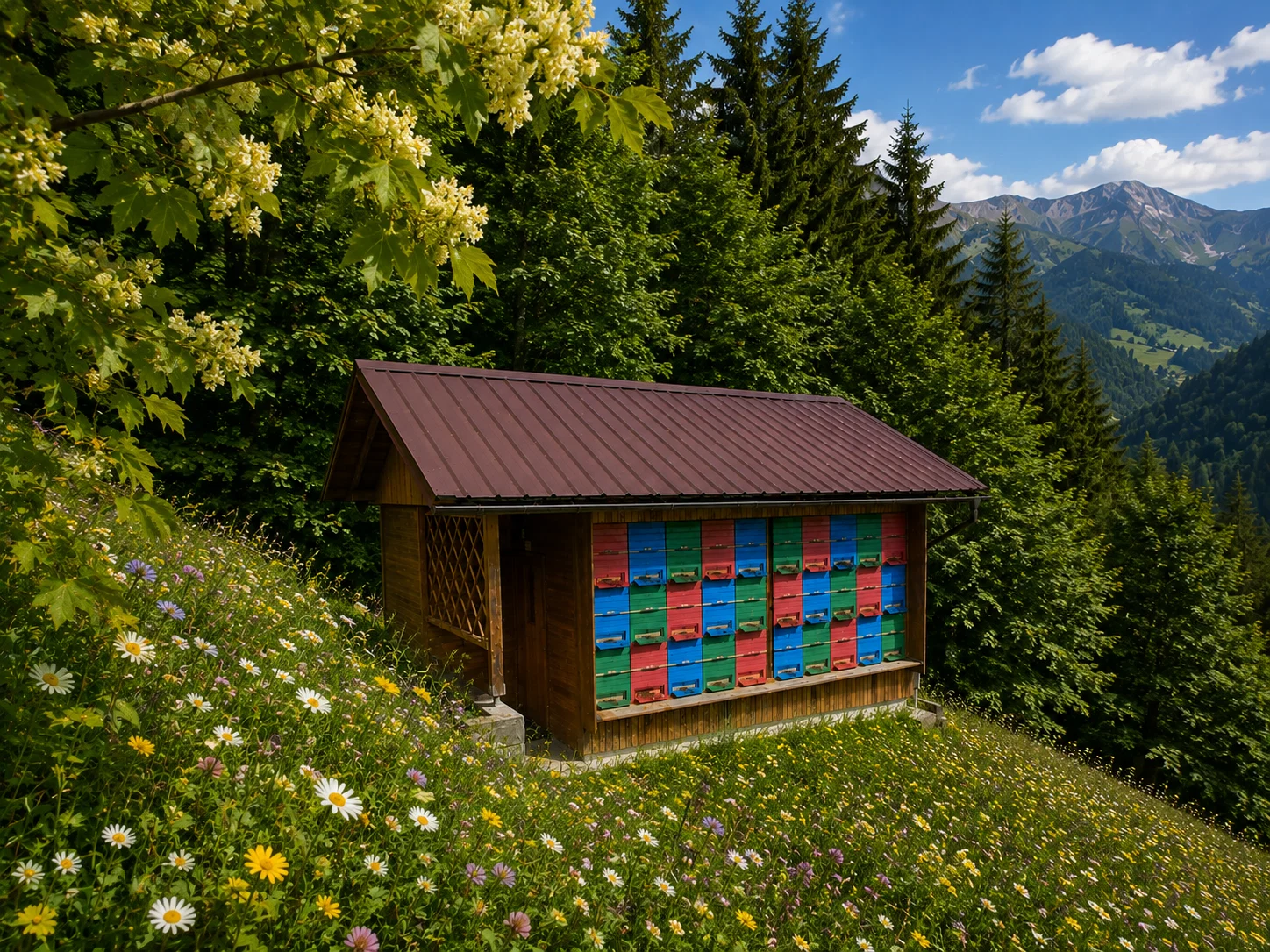 Apiary in a flowering meadow