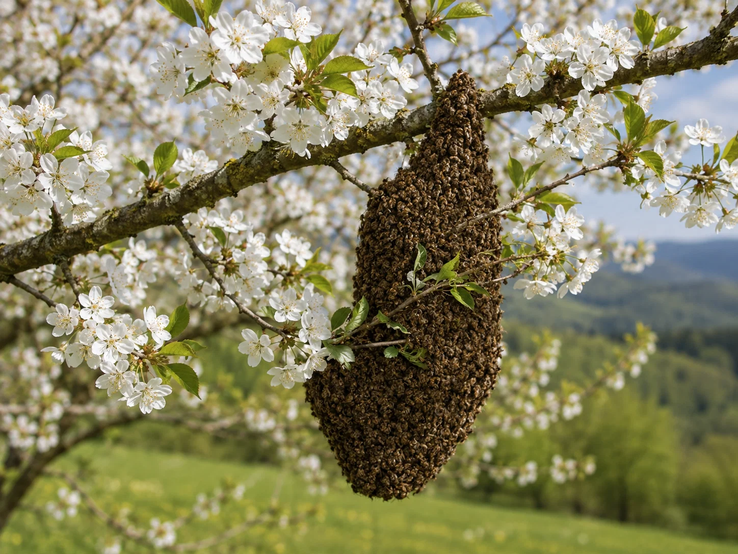Swarm of bees on a flowering cherry branch